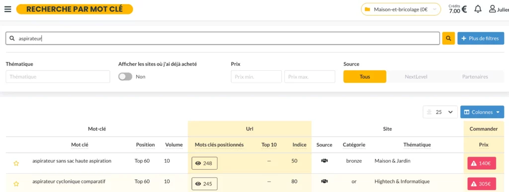 Recherche par mot clé nexLevel