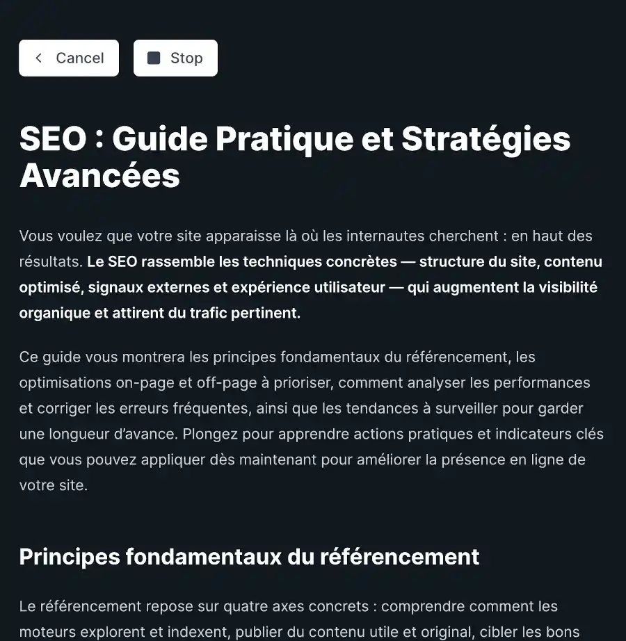 Exemple d'un article généré sur le mot clé "SEO" avec koalawriter